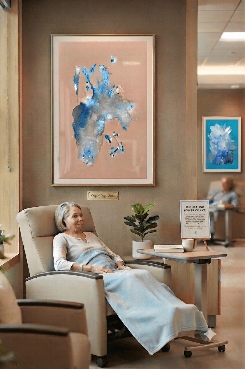 Interior view of a tranquil hospital healing space featuring abstract fine art by Clara Berta, including the painting 'Organic Way' and the blue abstract painting 'Laguna Bay' in a thin gold frame.