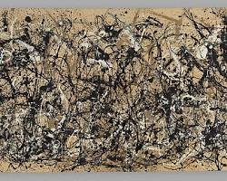 An abstract expressionist drip painting by Jackson Pollock featuring a complex, dense web of tangled lines, splatters, and drips of black, white, and tan paint across a large tan canvas.