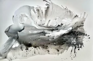 Large-scale modern abstract art titled Radiant Night by Clara Berta; 48x72-inch acrylic on canvas featuring explosive white and silver textures against a shimmering, pearlescent Black Pearl background with fluid motion.