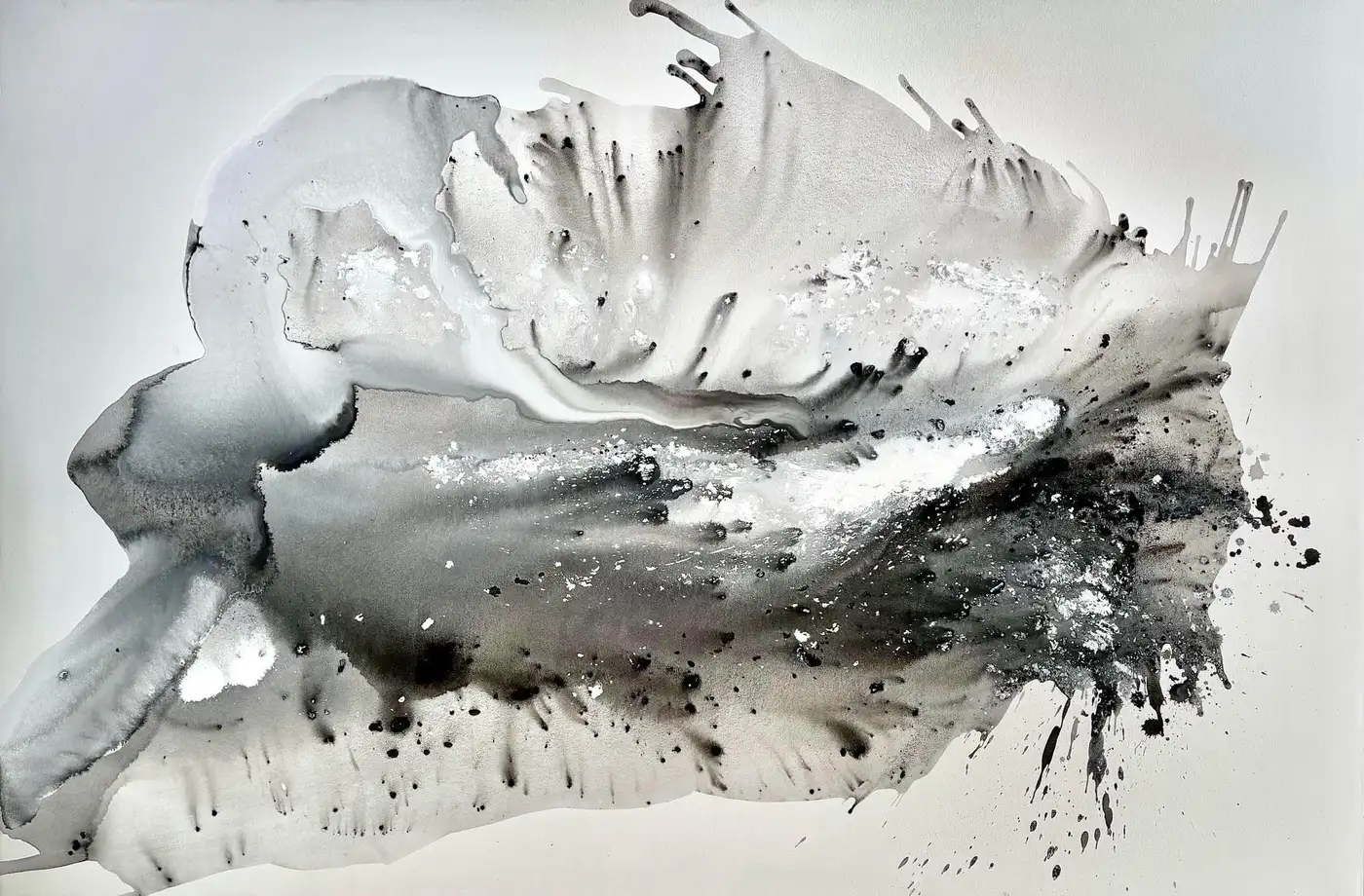 Large-scale modern abstract art titled Radiant Night by Clara Berta; 48x72-inch acrylic on canvas featuring explosive white and silver textures against a shimmering, pearlescent Black Pearl background with fluid motion.