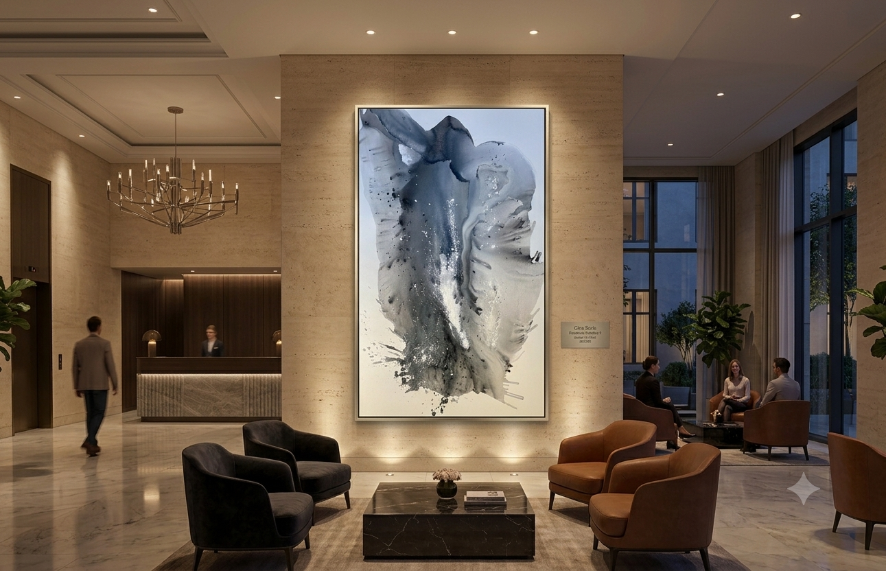 Large-scale 48x72 painting Radiant Night displayed in a luxury modern living room, ideal for commercial art licensing.