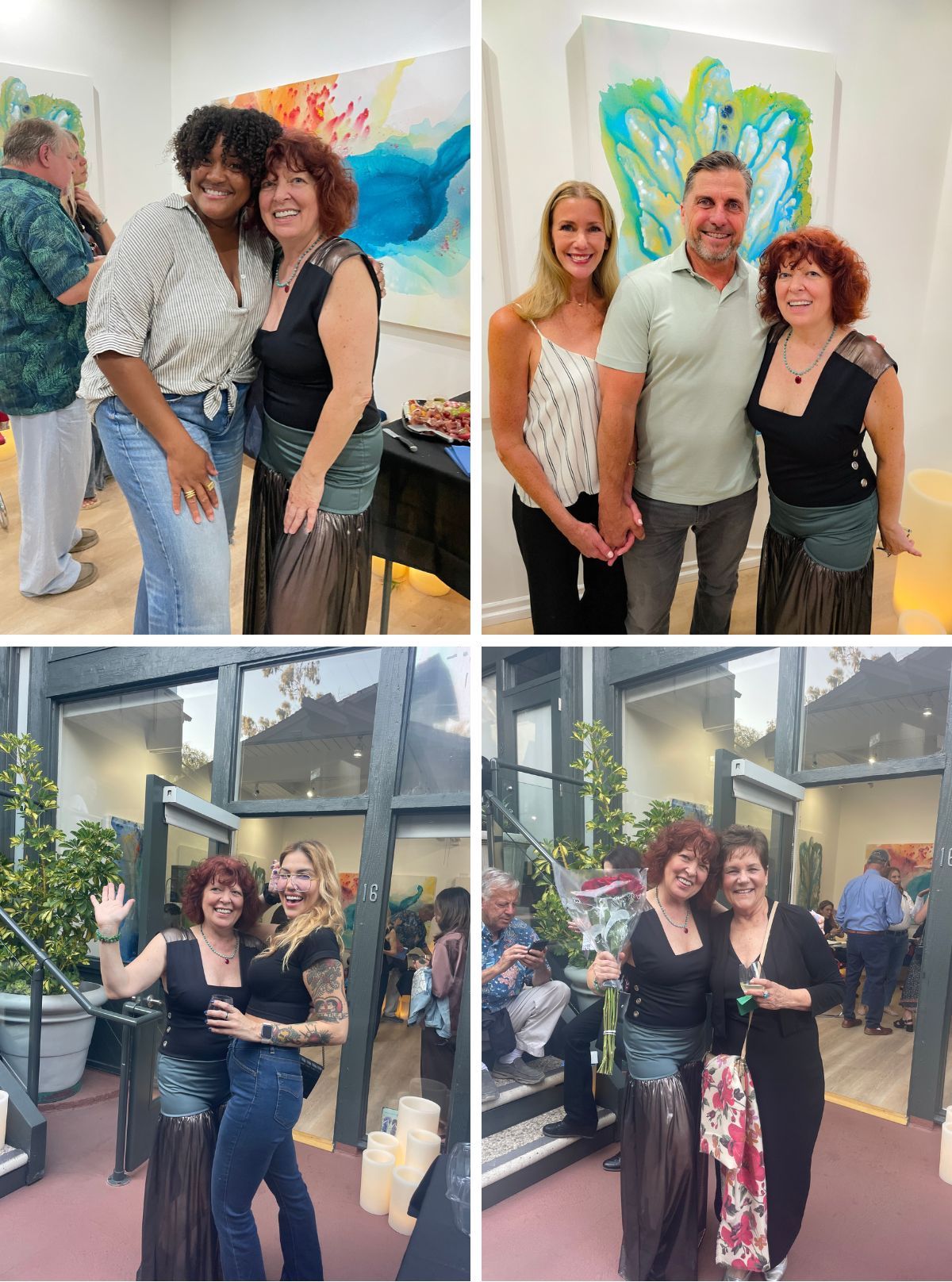Photo grid of abstract artist Clara Berta and her guests at the Grand Opening Art Exhibition of Clara Berta Studio, Laguna Beach, California
