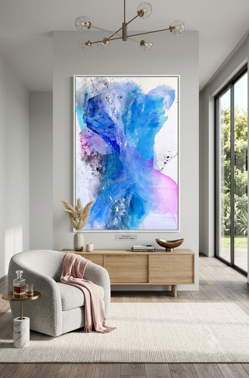 Cotton Candy Dreams by Clara Berta, a 48x72 inch vibrant abstract acrylic painting, presented against a clean white background to highlight the dynamic blue and pink pours.