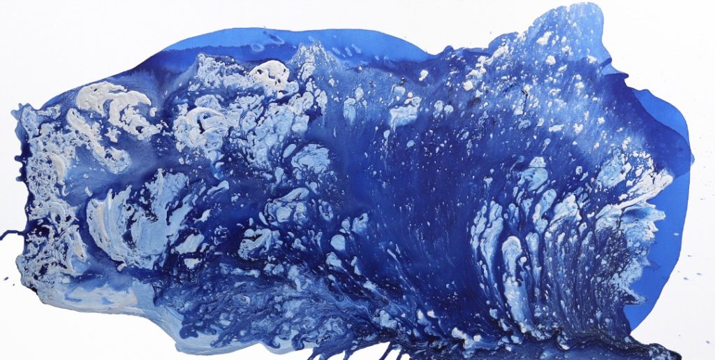 A panoramic 48x80 horizontal abstract blue painting titled Winter Solstice by artist Clara Berta, highlighting rich layered shades of cobalt blue with frothy textured white paint mimicking ice crystals.
