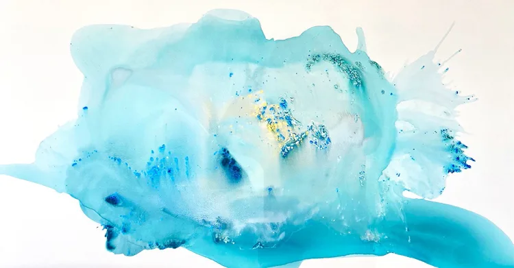 A horizontal 48x80 abstract artwork featuring fluid washes of translucent turquoise and teal. The center blends into a warm cream glow accented with vibrant blue splashes and shimmering gold glitter.
