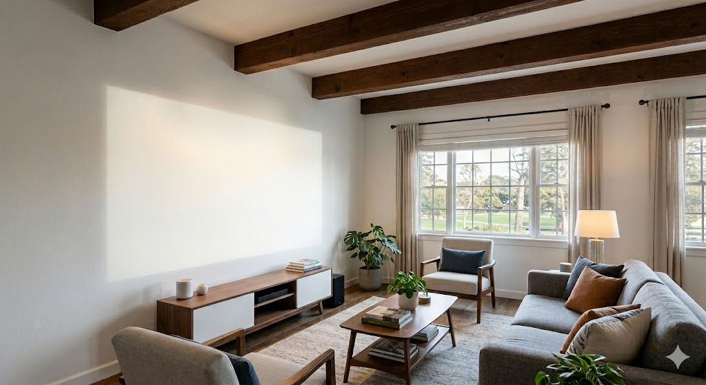 A cozy, coastal-inspired living room featuring dark wood ceiling beams, a low-profile media console, and a softly lit, blank white projection wall optimized for an LCD projector.