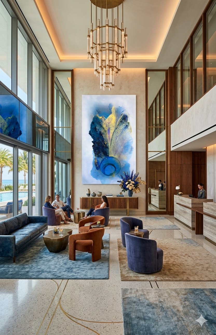 Large 60x93 abstract painting 'Harmony' by Clara Berta in soothing blues, whites, and gold.