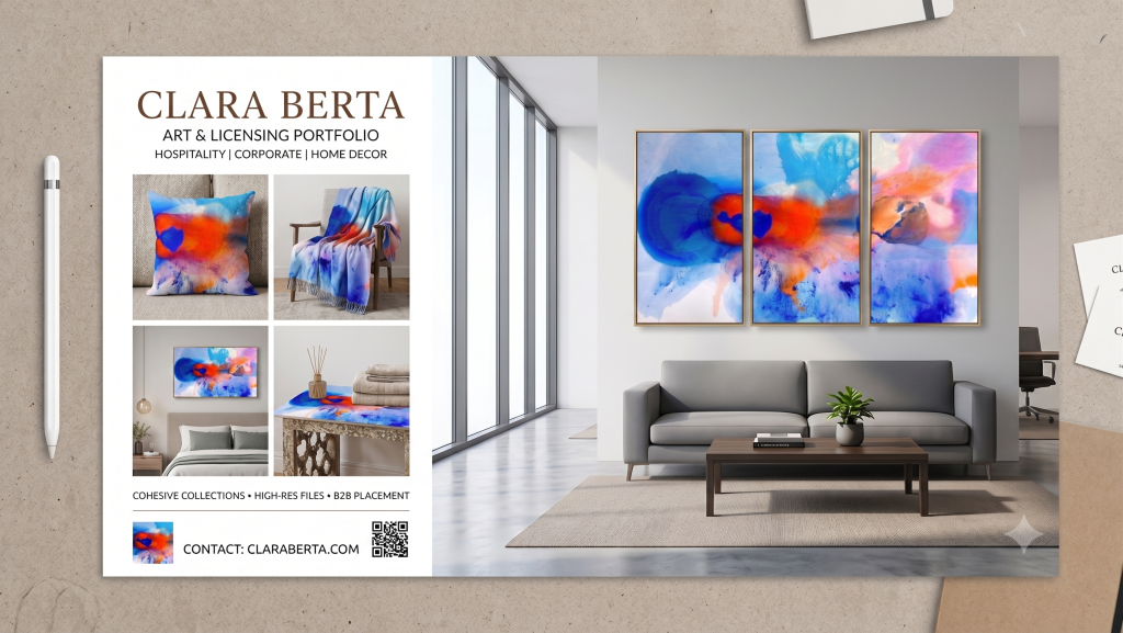 Clara Berta abstract painting Celebration shown on art licensing line sheet with triptych wall art and throw pillows.