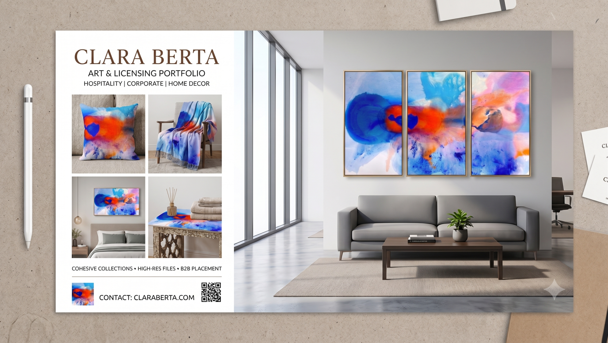 Clara Berta abstract painting Celebration shown on art licensing line sheet with triptych wall art and throw pillows.