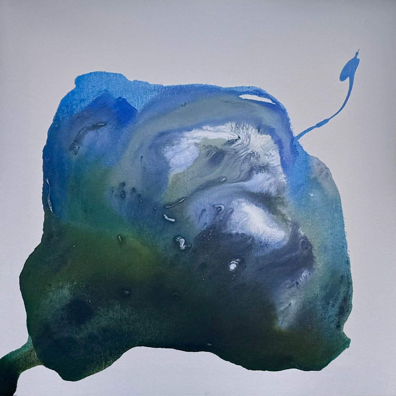 Emerald Way, a 24 by 24 inch ocean-inspired painting by Clara Berta in blues and greens, on display at the Claremont Lewis Museum of Art 