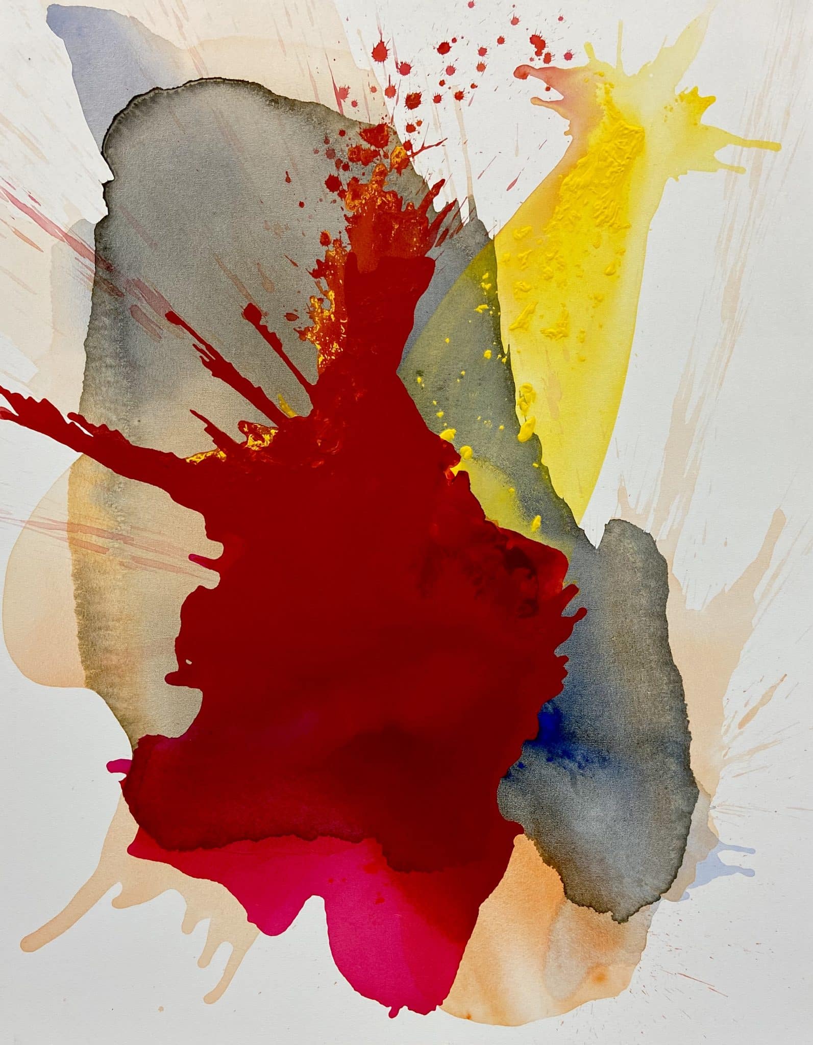 An original 60x48 abstract painting by Clara Berta titled POW, featuring bold, kinetic splashes of vibrant red, yellow, and grey paint on a textured white canvas.