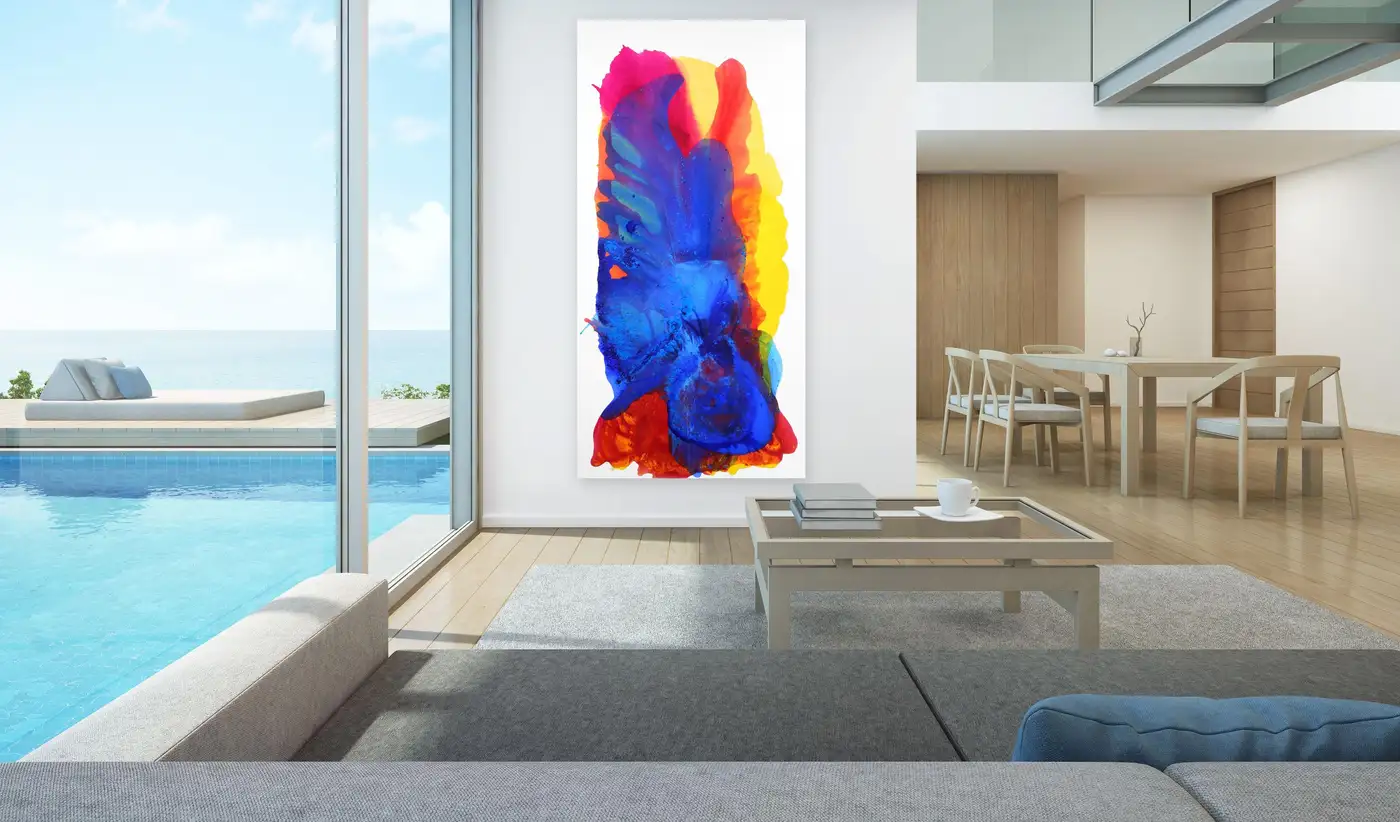 Large scale abstract art titled Magical Night II by Clara Berta featuring sweeping navy blue, teal, and gold acrylic flows displayed on a white wall in a modern contemporary living space.