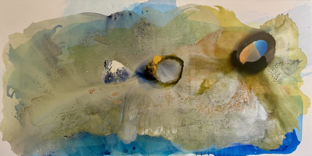 Large-scale colorful earthy modern abstract art painting titled Earth and Heat by Clara Berta, featuring expansive misty green washes contrasted with a powerful, high-contrast portal of black, orange, and blue tones.