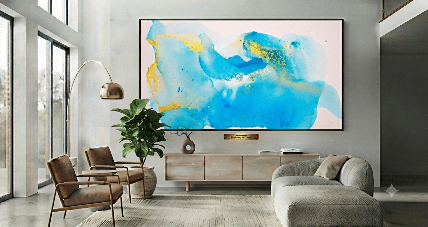 Clara Berta's large-scale abstract painting, Essence, featuring blue and golden acrylic textures, displayed as a focal point in a modern, minimalist living room.