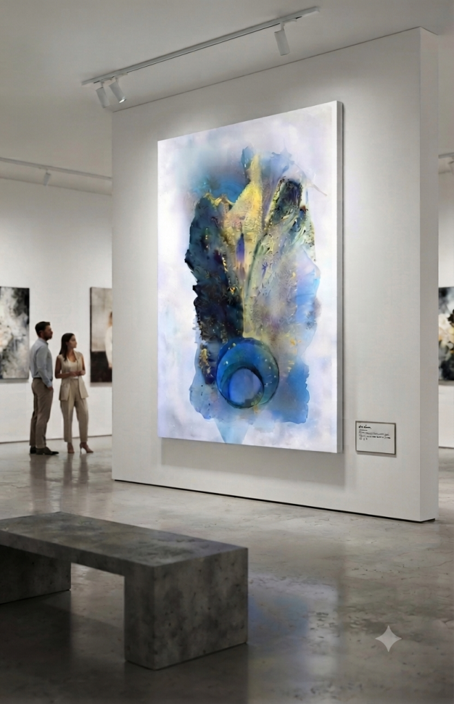 Clara Berta's large scale modern art painting Harmony, 60x93 inches, displayed in a professional gallery setting.