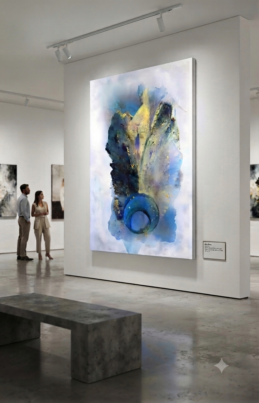 Clara Berta's large scale modern art painting Harmony, 60x93 inches, displayed in a professional gallery setting.