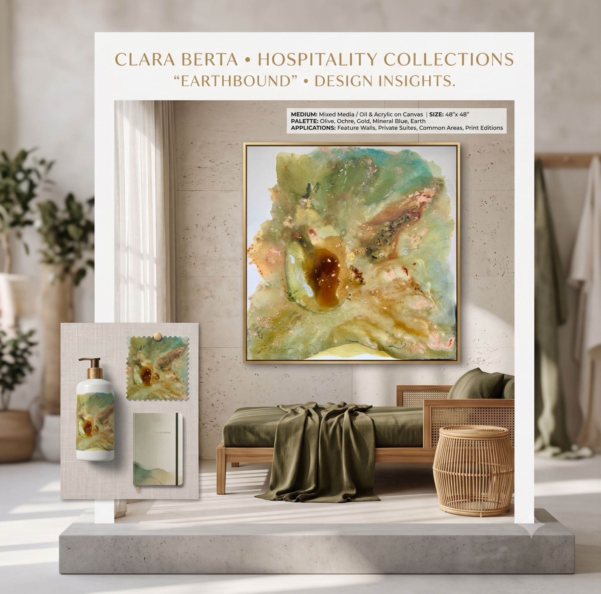 Clara Berta abstract painting Earthbound 48x48 on hospitality design line sheet with spa decor swatches.