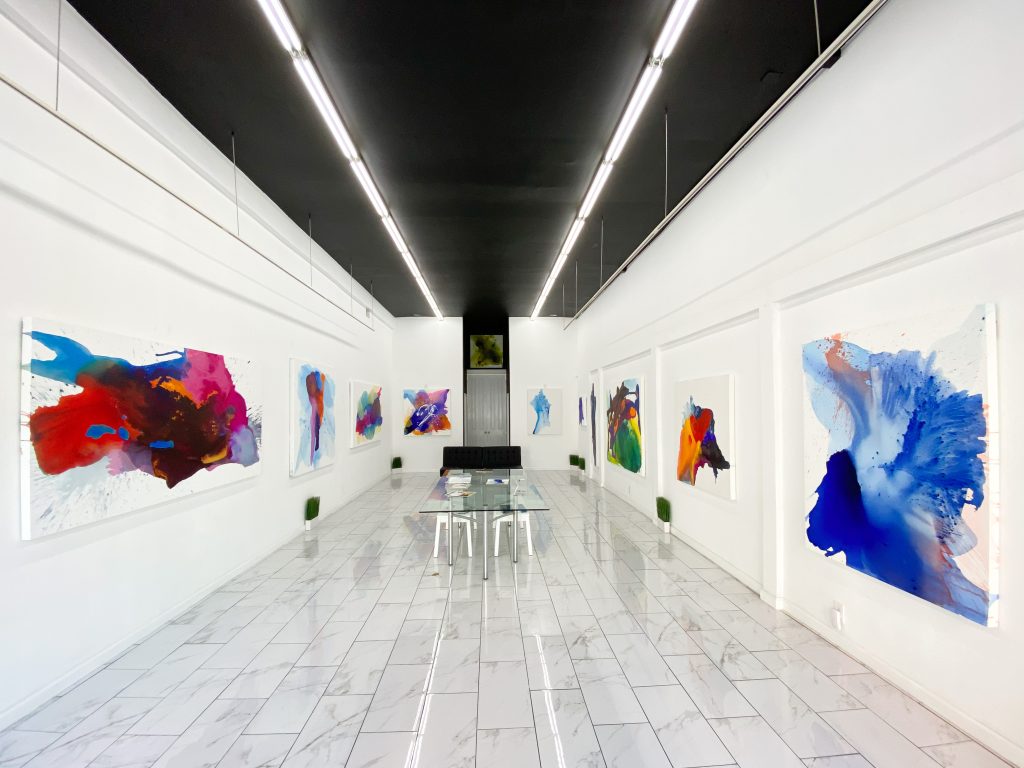 Clara Berta abstract paintings displayed in a Downtown Los Angeles gallery exhibition in DTLA.