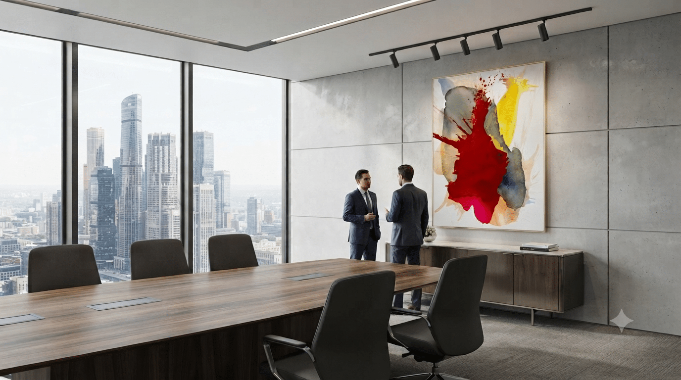 A 48x60 original abstract painting by Clara Berta, titled POW, framed in a thin gold frame and displayed in a modern corporate boardroom with a view of a city skyline.