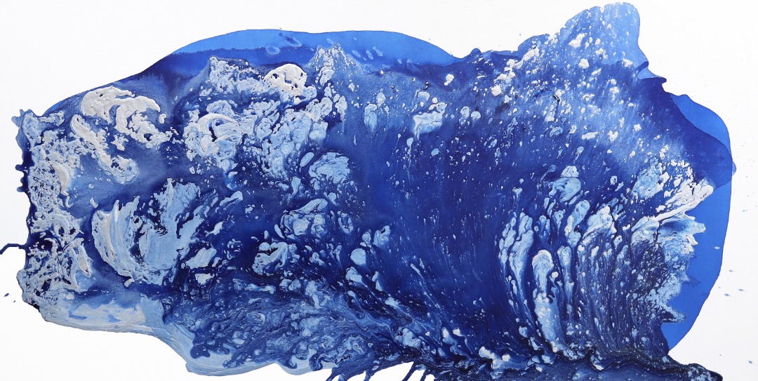 Winter Solstice, a 40x80 inch modern abstract art piece by Clara Berta featuring deep blue oceanic tones, rich sculpted textures, and light-filled glazes.