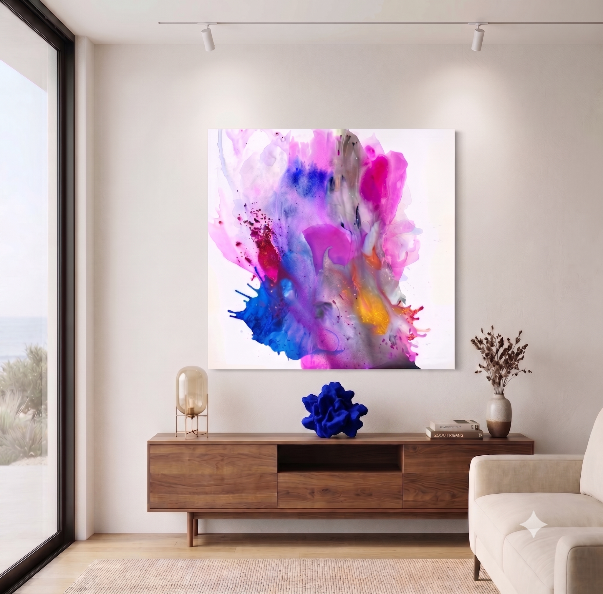 A vibrant 60x60 abstract painting, Burst of Color by Clara Berta, hangs above a wooden credenza with a small ultramarine sculpture in a modern living room.