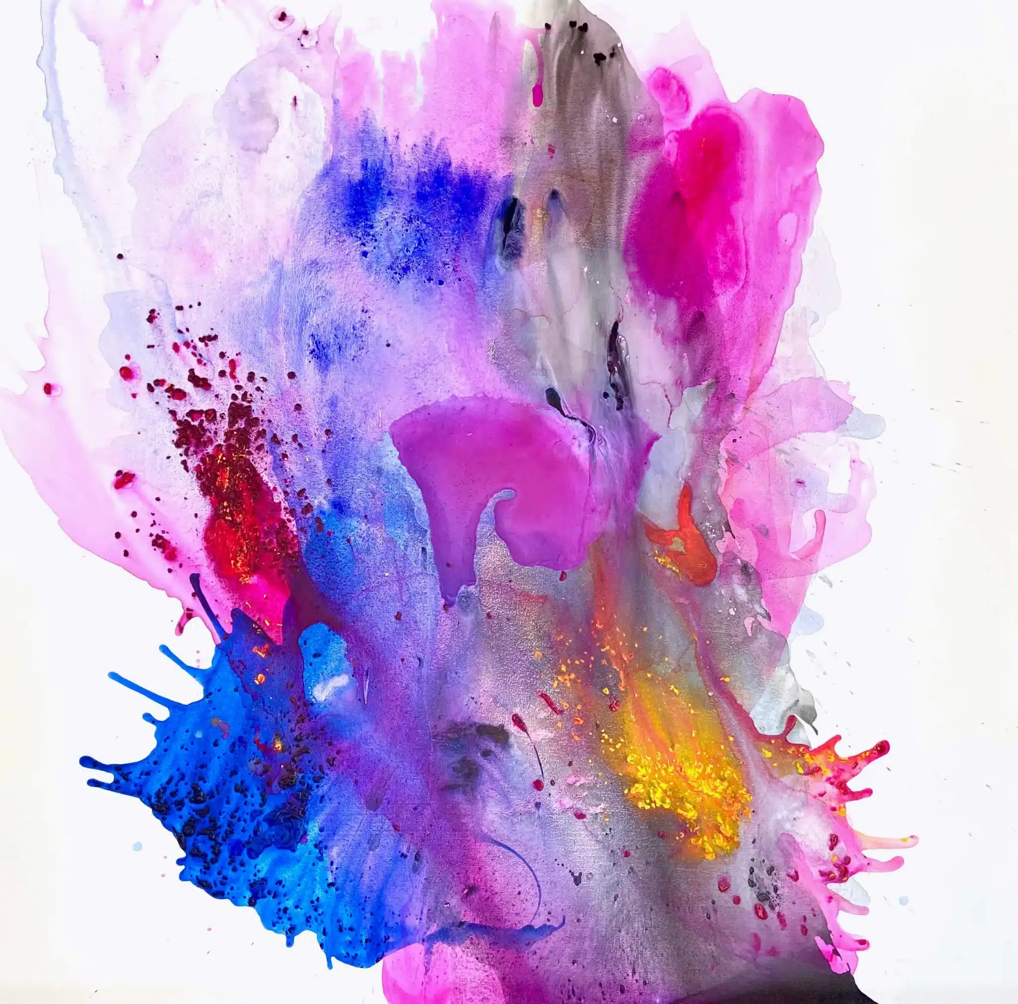 Burst of Color, a 60x60 acrylic on canvas painting by Clara Berta, featuring a vibrant splash of pink, blue, purple, and yellow abstract ink and paint on a white background.