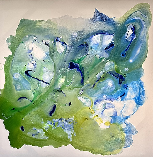 48x48 inch acrylic on canvas abstract fluid painting titled 'Crystal Cove' by Clara Berta, featuring organic pooling, cellular lacing, and dynamic fluid layers of emerald green, seafoam, cobalt, deep blue, and light yellow pigments.