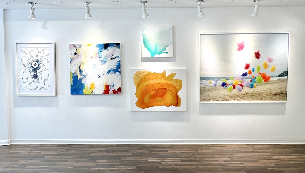Abstract paintings by Clara Berta including Sunset Mirage displayed on a gallery wall at Beth Urdang Gallery.
