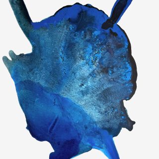 Clara Berta, A Splash of Oceanic Blue, Acrylic on canvas, 40 x 30 in. Abstract painting by Clara Berta with vibrant blues tones in a circular flowing organic shape in the centre with a white background