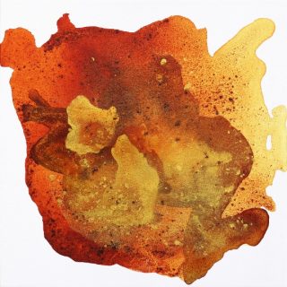 Clara Berta, Ancient Gold, Acrylic on canvas, 22 x 22 in. Abstract art painting by Clara Berta with rich yellow, orange, red and gold tones in a circular flowing organic shape in the centre with a white background