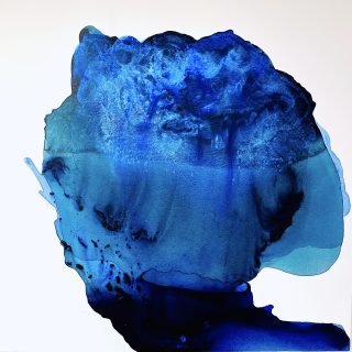 Clara Berta, Portrait in Blue, Acrylic on canvas, 48 x 48 in. Abstract art painting by Clara Berta with vibrant bright blue and dark blue and balck tones in a circular flowing organic shape in the centre with a white background