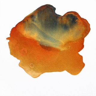 Clara Berta, Sun Kissed Earth, Acylic on canvas, 22 x 22 in. Abstract art painting by Clara Berta with rich yellow, orange, and earthy green tones in a circular flowing organic shape in the centre with a white background