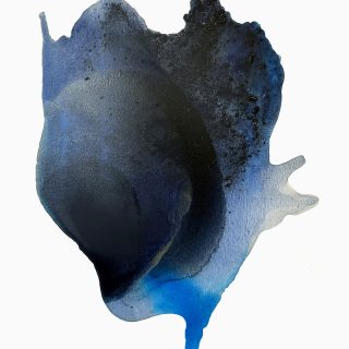 Clara Berta, The Depth of the Ocean, Acrylic on canvas, 52 x 42 in Abstract art painting by Clara Berta with deep blue and black tones in a circular flowing organic shape in the centre with a white background