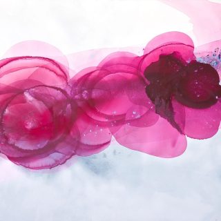 A large horizontal acrylic painting titled 'Circle of Life' (55x92 inches). The canvas is filled with vibrant magenta tones and sweeping circular motions of color, creating a sense of fluid, rhythmic movement across the wide composition.