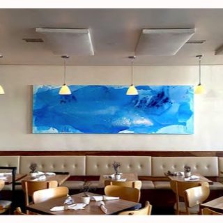 Commissioned abstract painting by Clara Berta for Kali Restaurant in California. Custom commissioned vibrant blue abstract painting by artist Clara Berta installed into a restaurant in California