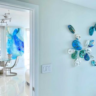 'Transylvanian Views' painting by Clara Berta, 96 x 48 in, installed in a collector's home. Vibrant blue abstract painting by artist Clara Berta installed into an art collector's modern interior dining room.