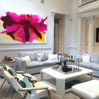 Commissioned abstract painting by Clara Berta for collector in New York. Magical Love, acrylic on canvas, 68 x 108 in. Custom commissioned pink and yellow abstract painting by artist Clara Berta installed into an art collector's modern home living room