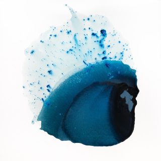 Clara Berta, Radiant Blue, Acrylic on canvas, 48 x 48 in. Abstract painting by Clara Berta with vibrant blues tones in a circular flowing organic shape in the centre with a white background