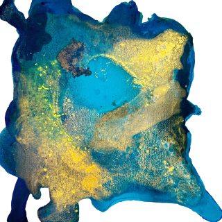 Clara Berta, Island in the Sky, Acrylic on canvas, 22 x 22 in. Abstract Art featuring a vibrant mix of blue and gold hues, with irregular shapes and textures creating a dynamic, organic composition on a white background.