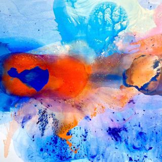 Clara Berta, Celebration, acrylic n canvas, 75 x 115 in. Abstract Art painting with vibrant blue and orange hues blending together, featuring fluid shapes and splashes, creates a dynamic, energetic composition with soft gradients and bold color contrasts.