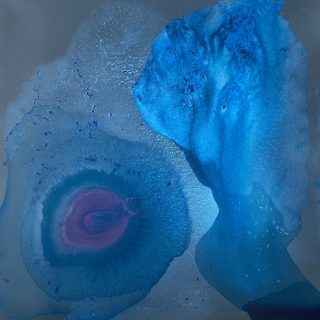 Clara Berta, Cosmic, Acrylic on canvas, 36 x 36 in. Abstract Art painting featuring a dynamic contrast of bright blue hues on a dark blue background, with bursting and flowing shapes and textures creating circular celestial forms