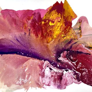 Clara Berta, Island, Acrylic on canvas, 48 x 72 in. Abstract painting by Clara Berta with layers of vibrant pink, purple and yellow tones in flowing and bursting organic forms in the centre with a white background