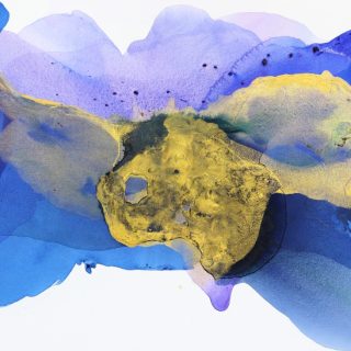 Clara Berta, Majestic, Acrylic on canvas, 40 x 60 in. Abstract painting by Clara Berta with layers of vibrant blue and gold tones in flowing organic forms in the centre with a white background