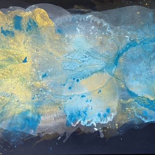 Clara Berta, View From Above, Acrylic on canvas, 40 x 75 in. Abstract Art painting with vibrant blue and gold hues on a black background, with bursting and flowing shapes and textures creating a dynamic, organic composition with a celestial look