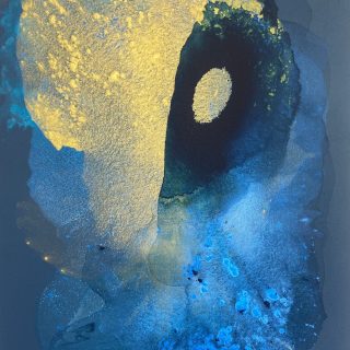 Clara Berta, Deep Space, Acrylic on canvas, 40 x 30 in. Abstract Art with vibrant blue and gold hues on a blue-grey background, with bursting and flowing shapes and textures creating a dynamic, organic composition with a celestial look