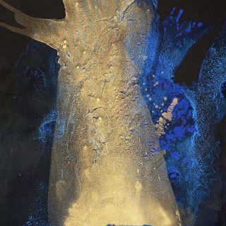 Clara Berta, Divine, Acrylic on canvas, 48 x 36 in. Abstract Art painting featuring a dynamic contrast of bright blue and gold hues on a black background, with bursting and flowing shapes and textures creating celestial forms