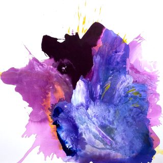 Clara Berta, Glowing, Acrylic on canvas, 48 x 48 in. Abstract painting by Clara Berta with layers of vibrant blue, pink and purple tones in flowing and bursting organic forms that resemble a blooming flower in the centre with a white background