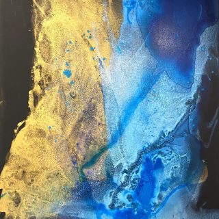 Clara Berta, Golden View, Acrylic on canvas 48 x 36 in. Abstract Art painting featuring a vibrant mix of blue and gold hues on a black background, with bursting and flowing shapes and textures creating a dynamic, organic composition with a celestial look