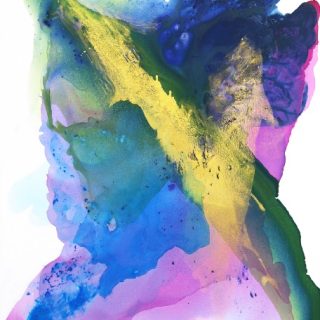 Clara Berta, Transition, Acrylic on canvas, 60 x 48 in. Abstract painting by Clara Berta with layers of vibrant pink, blue, green and gold tones in flowing and bursting organic forms in the centre with a white background