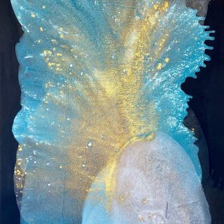 Clara Berta, Wings of Desire, Acrylic on canvas, 43 x 82 in. Abstract Art featuring a vibrant mix of blue and gold hues on a black background, with bursting and flowing shapes and textures creating a dynamic, organic composition with a celestial look